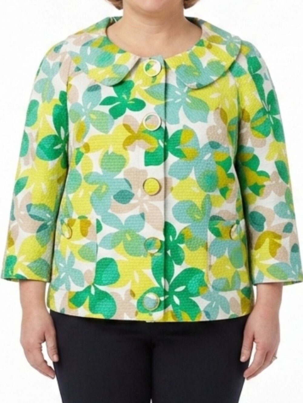Josephine "Go Green" Textured Cotton Print Crop Sleeve Jacket NEW- Sz. 14P